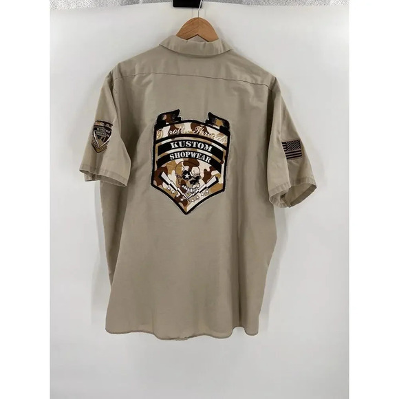 Throttle Threads Camo Skull Shirt Mens 2XL Brown Button Up Kustom Shop Wear - Picture 9 of 13